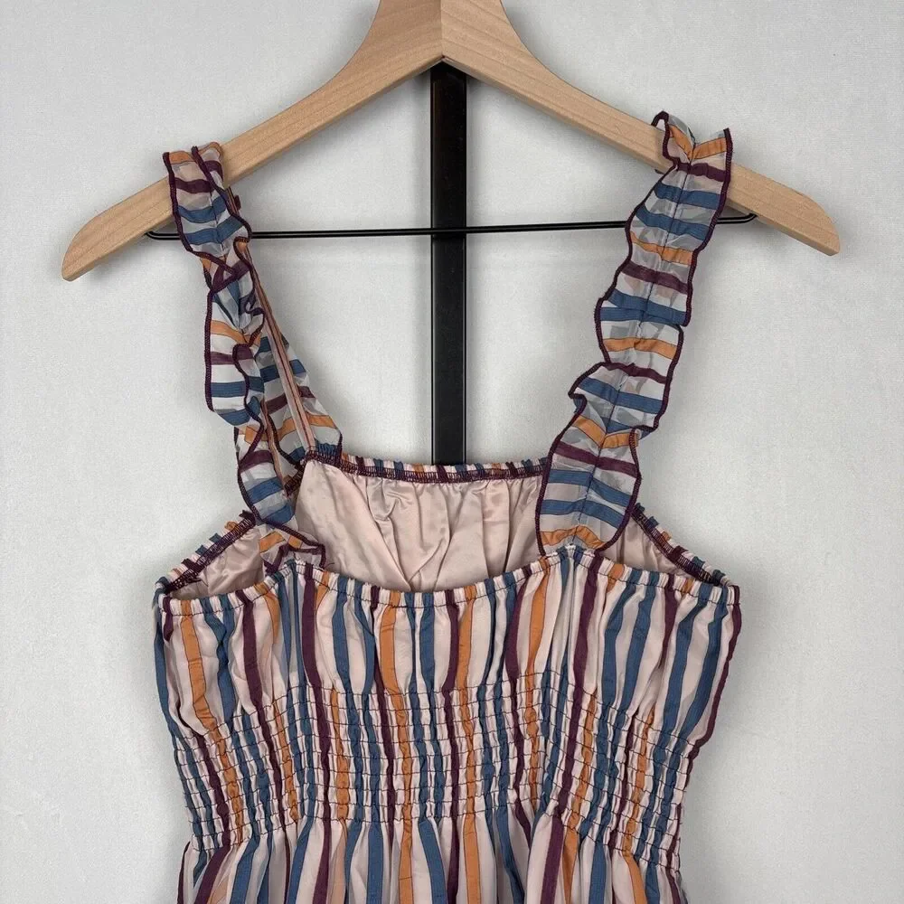 Tularosa Revolve Ingrid Dress M Colorful Striped Ruffled Smocked Fit and Flare - Picture 7 of 12